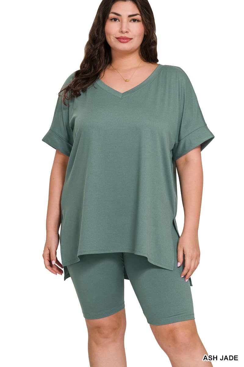 SI-19985 Plus size Hi Low Hem Top & Biker Shorts 2pc Set: +ASHGREY-139919 / 2X