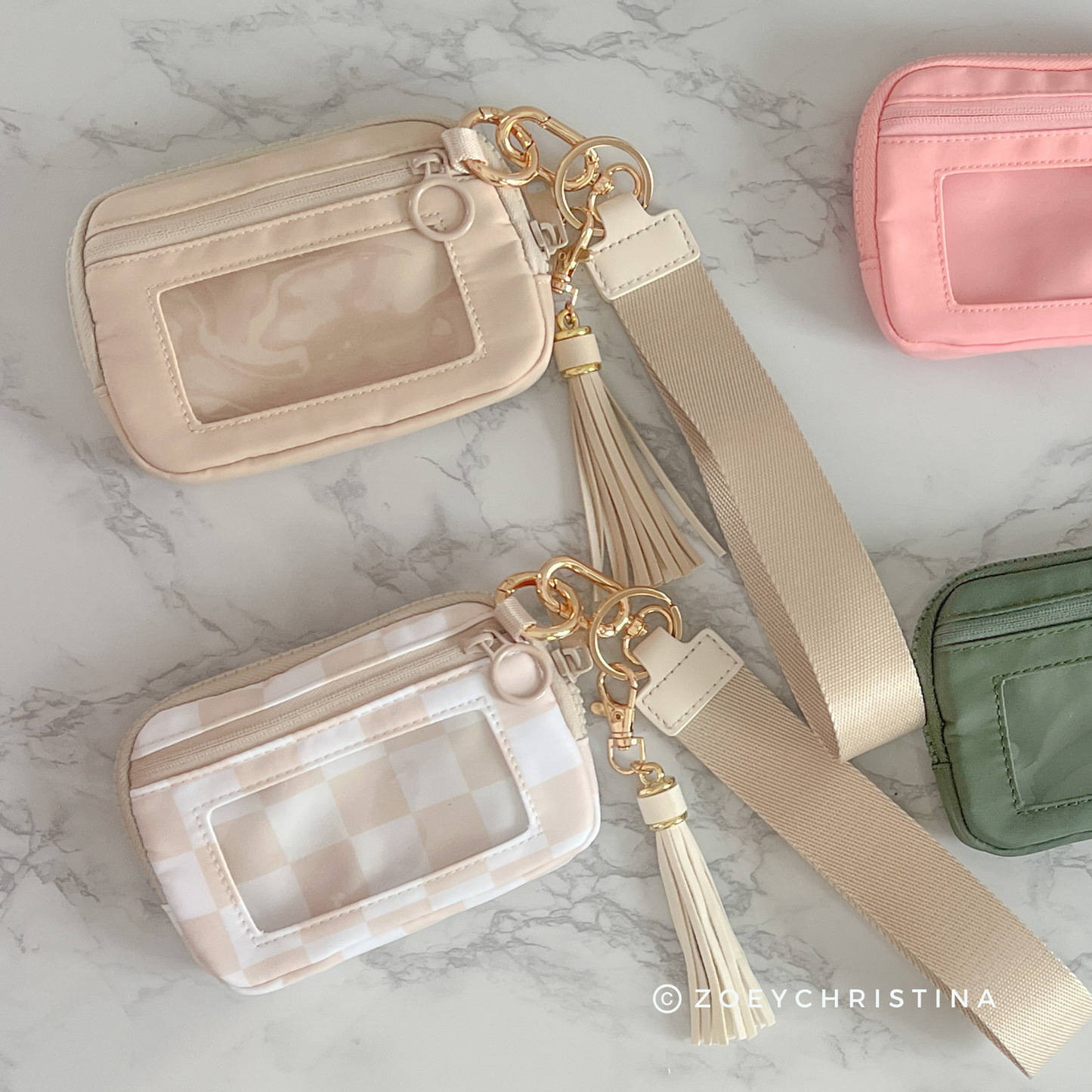 Tassel Zipper Wristlet Wallet with Clear ID Slot – 4 Colors: Beige Check