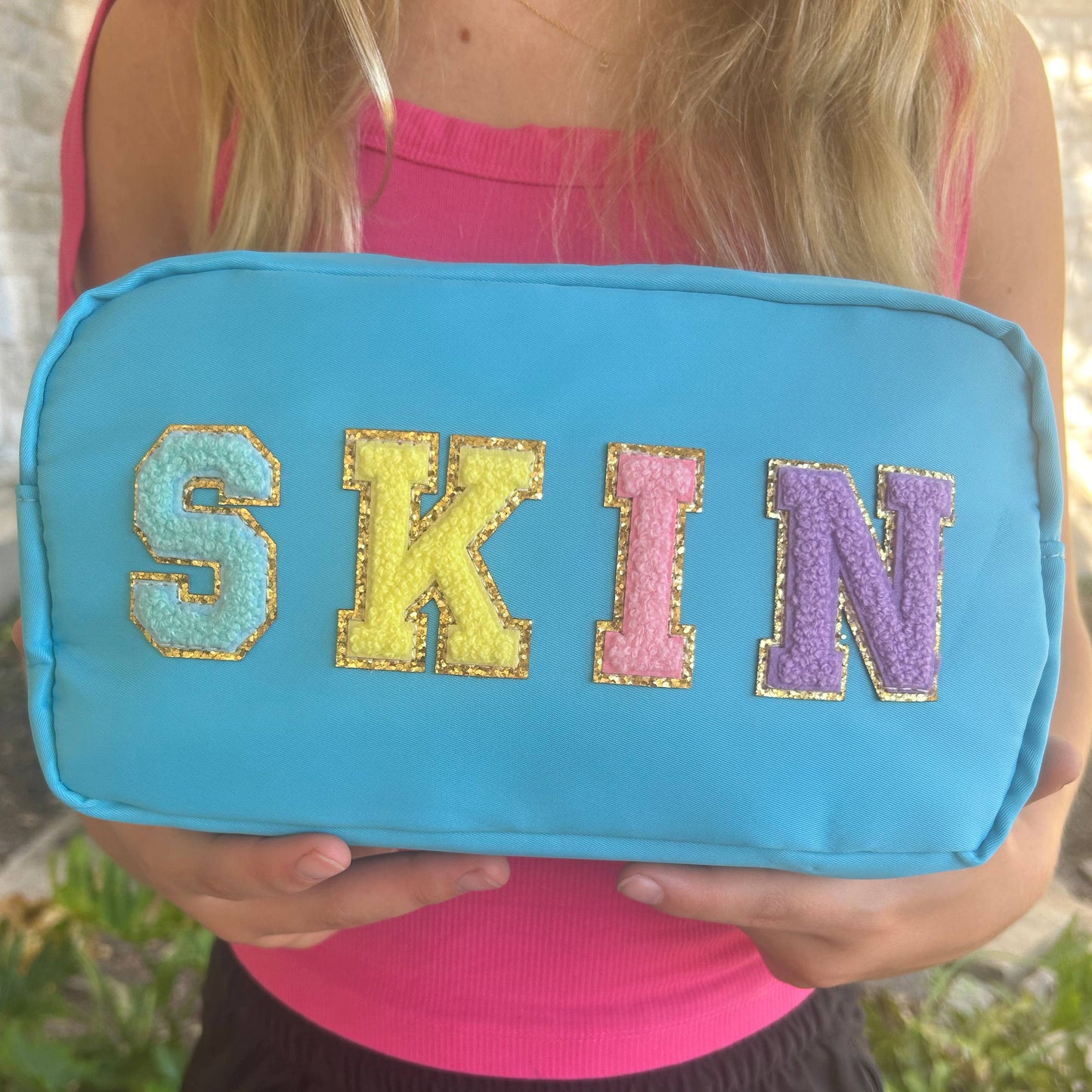 Cosmetic or Toiletry Bag with Varsity Letter Patches: Dark Pink with 3 smile patches