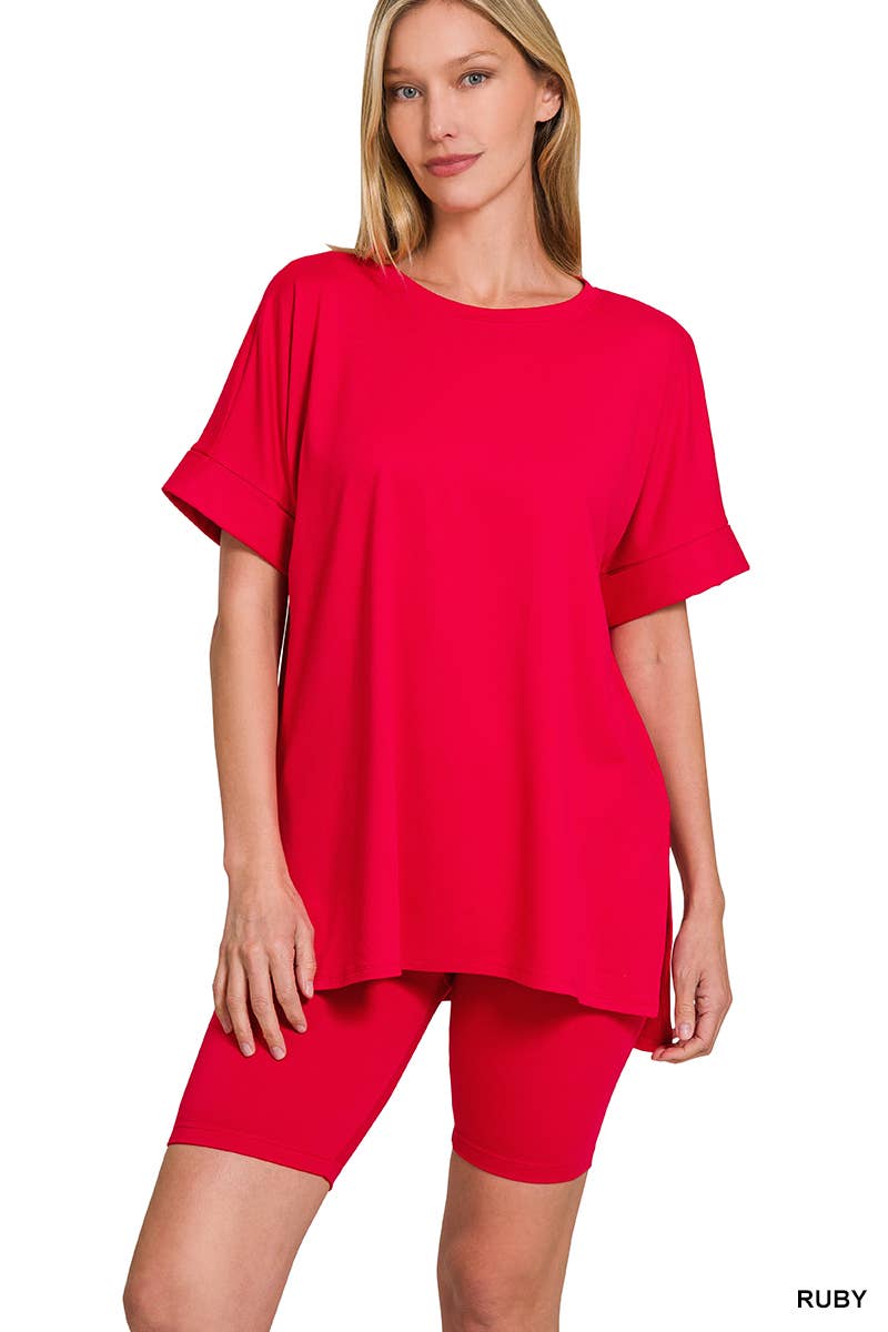 `.Microfiber Top & Biker Shorts 2 Pc Set: CORAL-184059 / XL