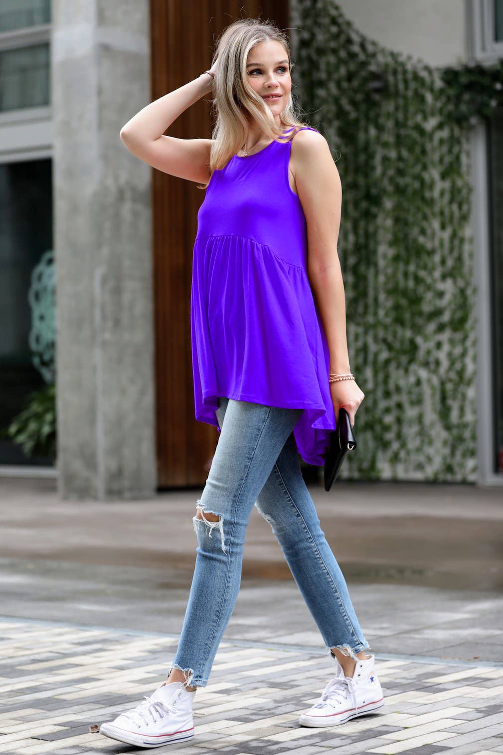 ,.._ SI-15995 Sleeveless Waist Shirring Tunic: BLUEGREY-85889 / L