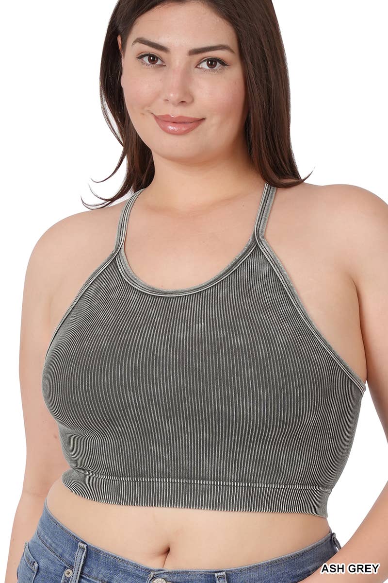 ",,..._ PLUS SIZE Vintage wash Seamless Crop Tank: NCORALFUCHSIA-132537 / 1X/2X