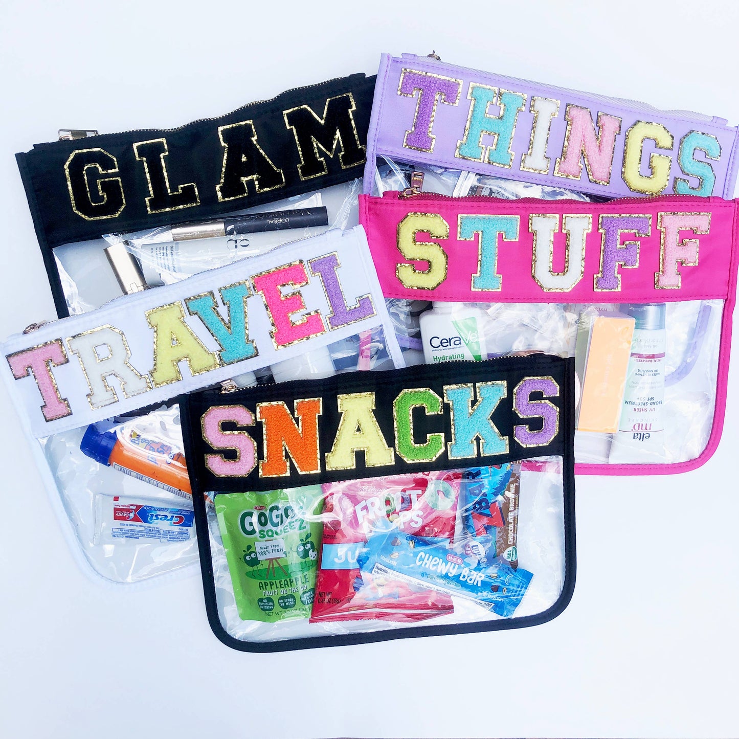 Varsity Letter Patch Clear Zippered Pouch Bag: Pink with STUFF