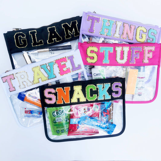 Varsity Letter Patch Clear Zippered Pouch Bag: White with TRAVEL