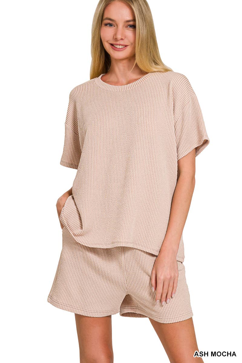 `.Corded Rib Short Sleeve Tee & Short Pants 2PC Set: DUSTY BLUE-183672 / S
