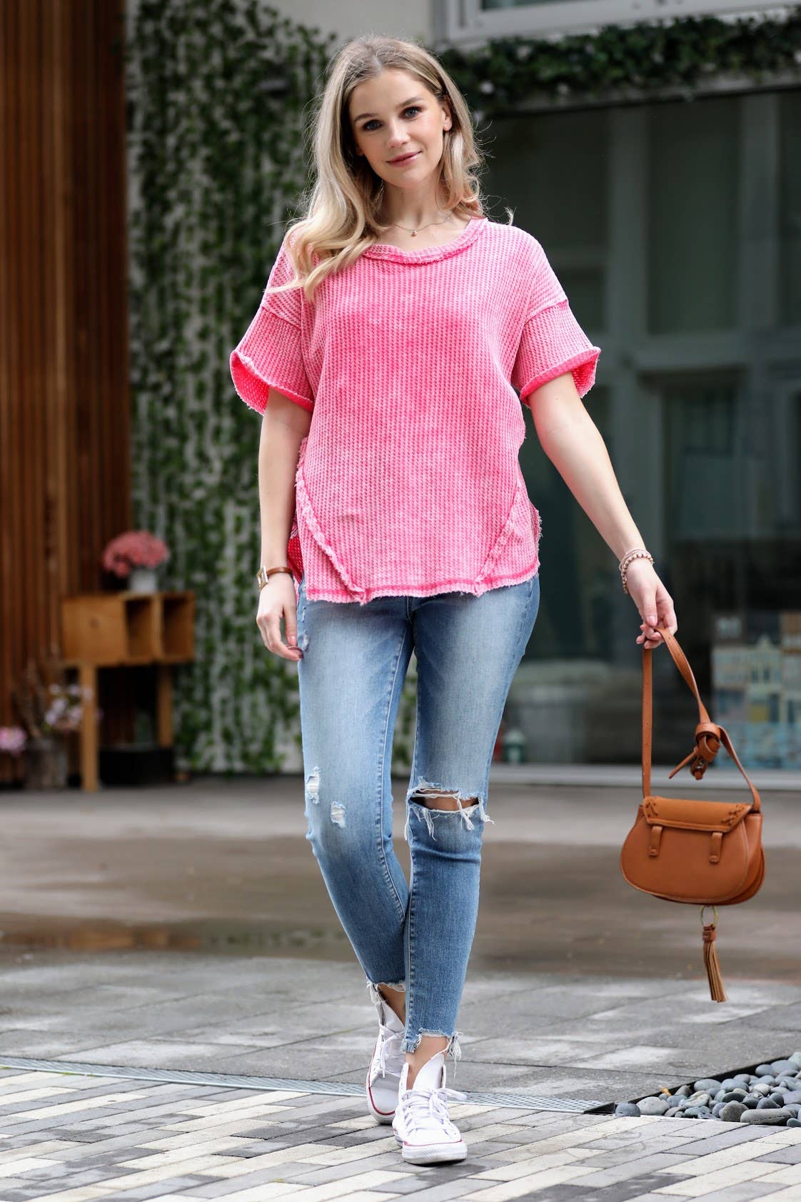 `.Washed Baby Waffle Top w/ back patch: DEEP SKY-162396 / L/XL