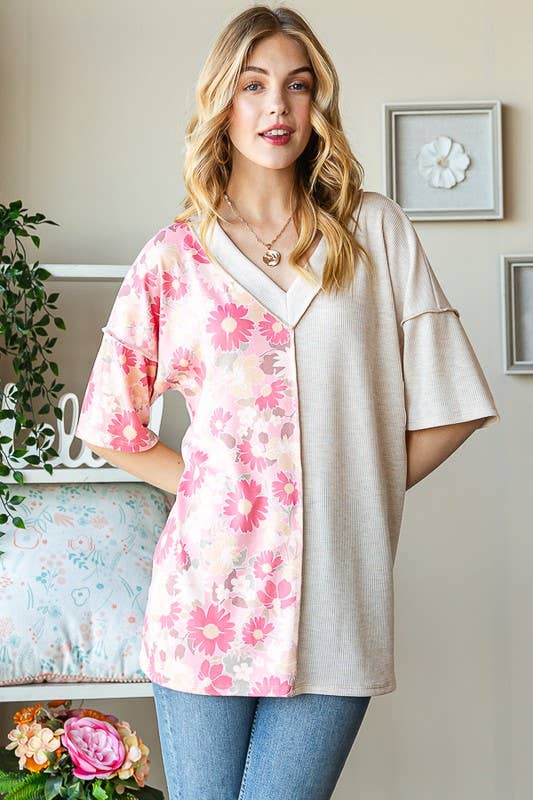 ET7547-12 SOLID AND FLORAL TOP: PEACH / 2-2-2 (S-M-L)