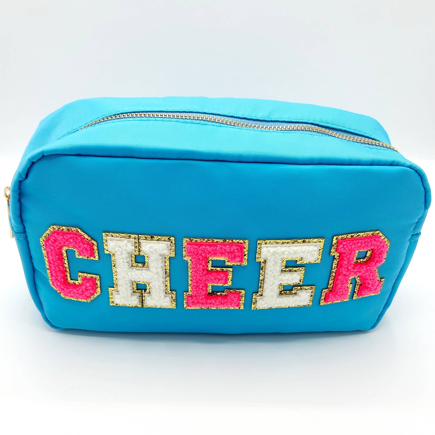 Cosmetic or Toiletry Bag with Varsity Letter Patches: Dark Pink with 3 smile patches