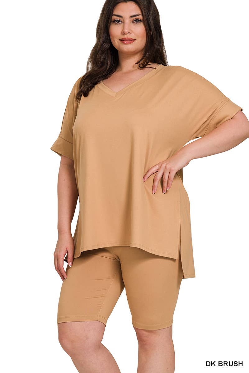 SI-19985 Plus size Hi Low Hem Top & Biker Shorts 2pc Set: +ASHGREY-139919 / 2X