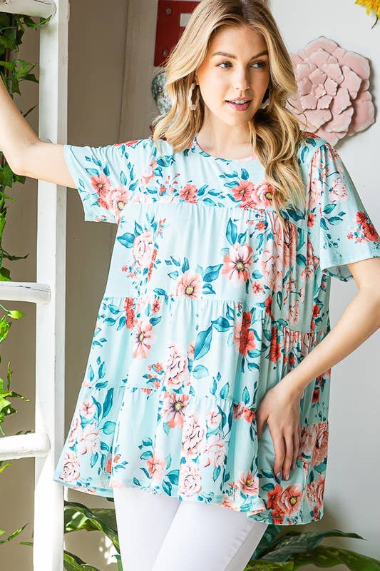 ET7279-10  FLORAL TIERED TOP: MINT / 2-2-2 (1X-2X-3X)