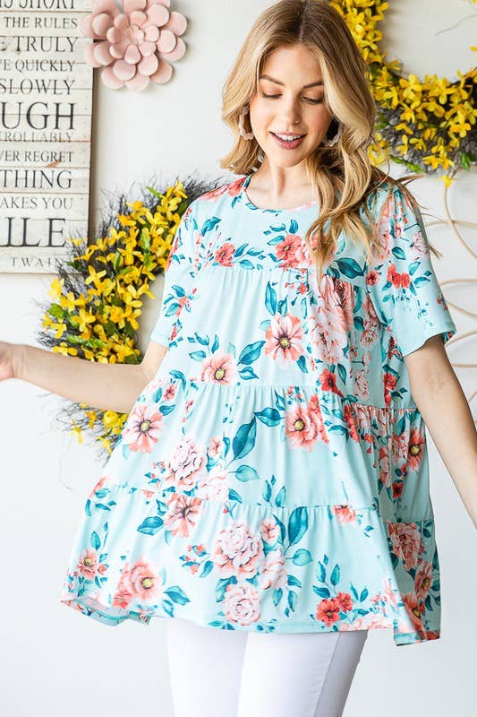 ET7279-10  FLORAL TIERED TOP: MINT / 2-2-2 (S-M-L)