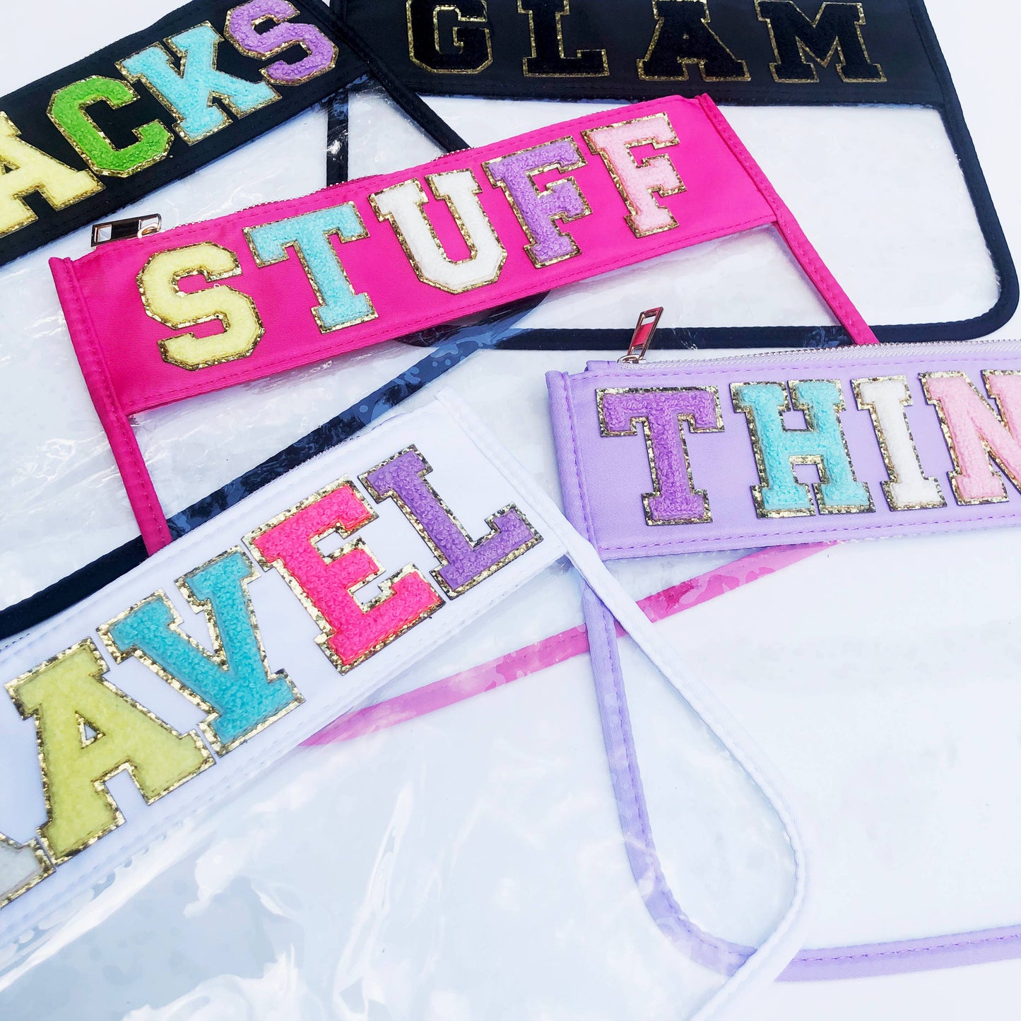 Varsity Letter Patch Clear Zippered Pouch Bag: Purple with THINGS