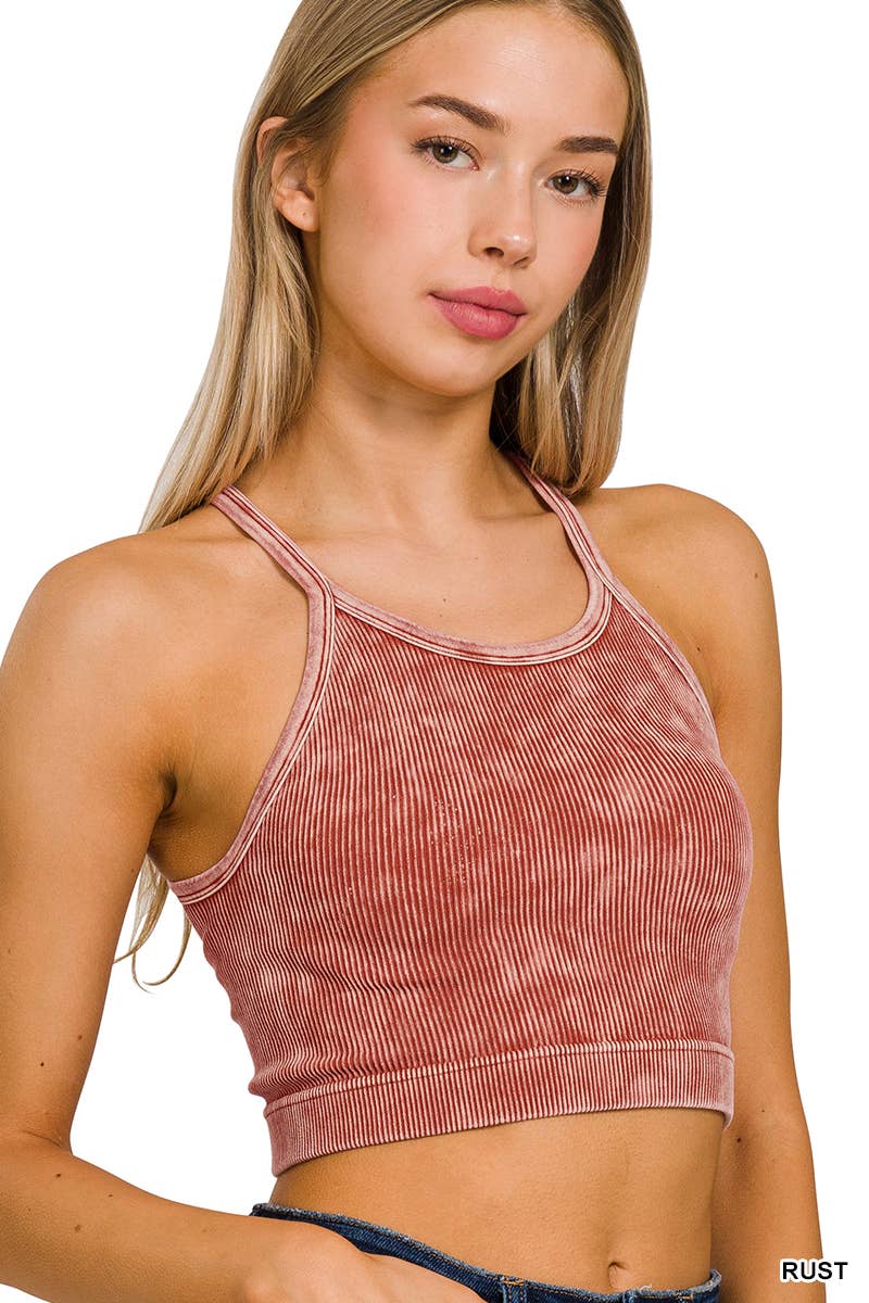 ",,,,,.Premium Washed Seamless Halter Racerback Crop Tank: HOT PINK-180307 / L/XL
