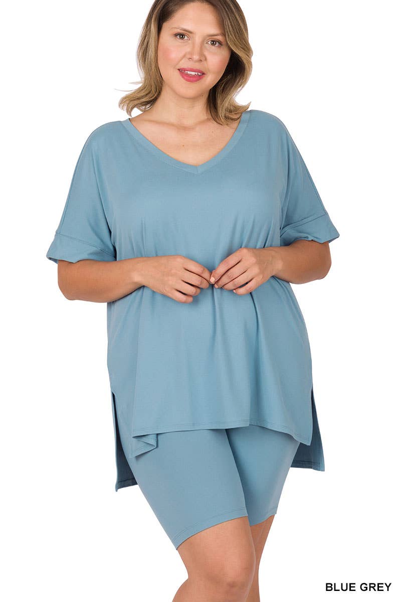 SI-19985 Plus size Hi Low Hem Top & Biker Shorts 2pc Set: +ASHGREY-139919 / 1X