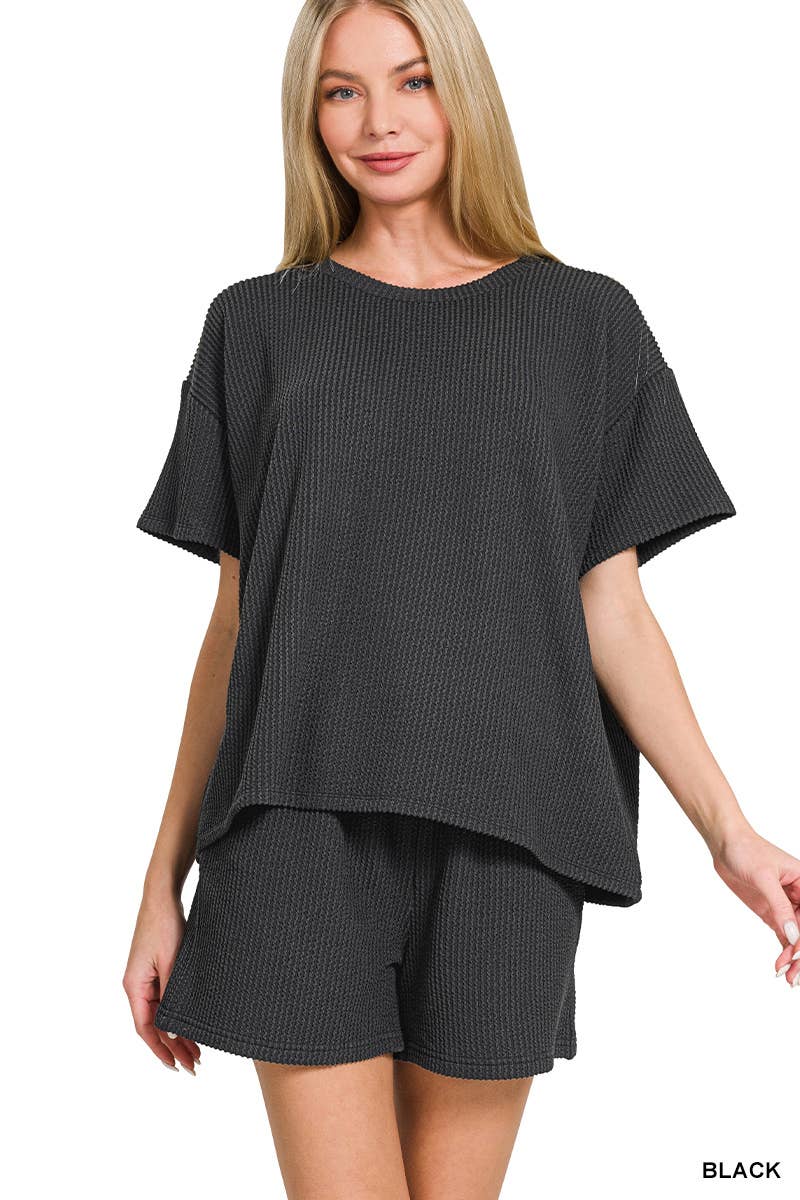 `.Corded Rib Short Sleeve Tee & Short Pants 2PC Set: DUSTY BLUE-183672 / S