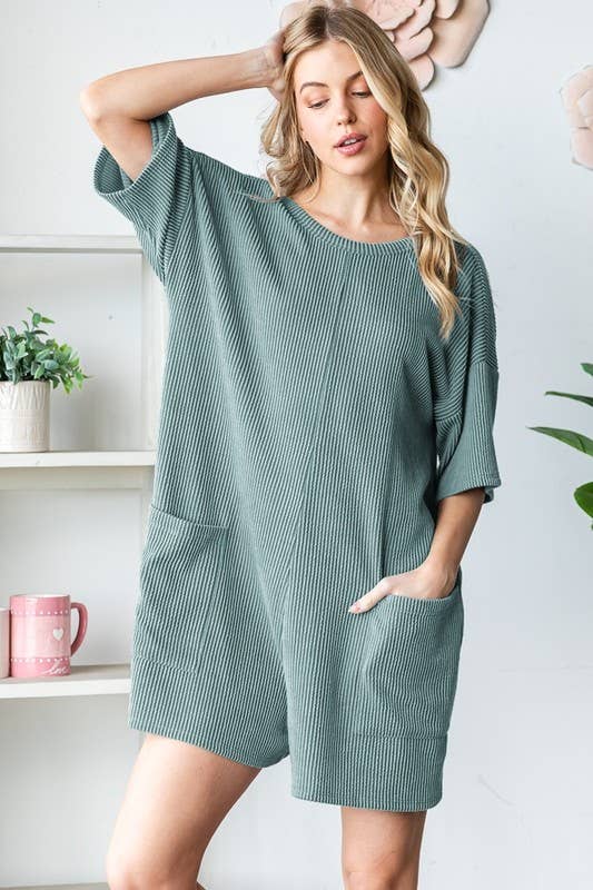 EP6832-10 SHORT SLEEVE SOLID URBAN RIBBED ROMPER: SAGE / 2-2-2 (S-M-L)