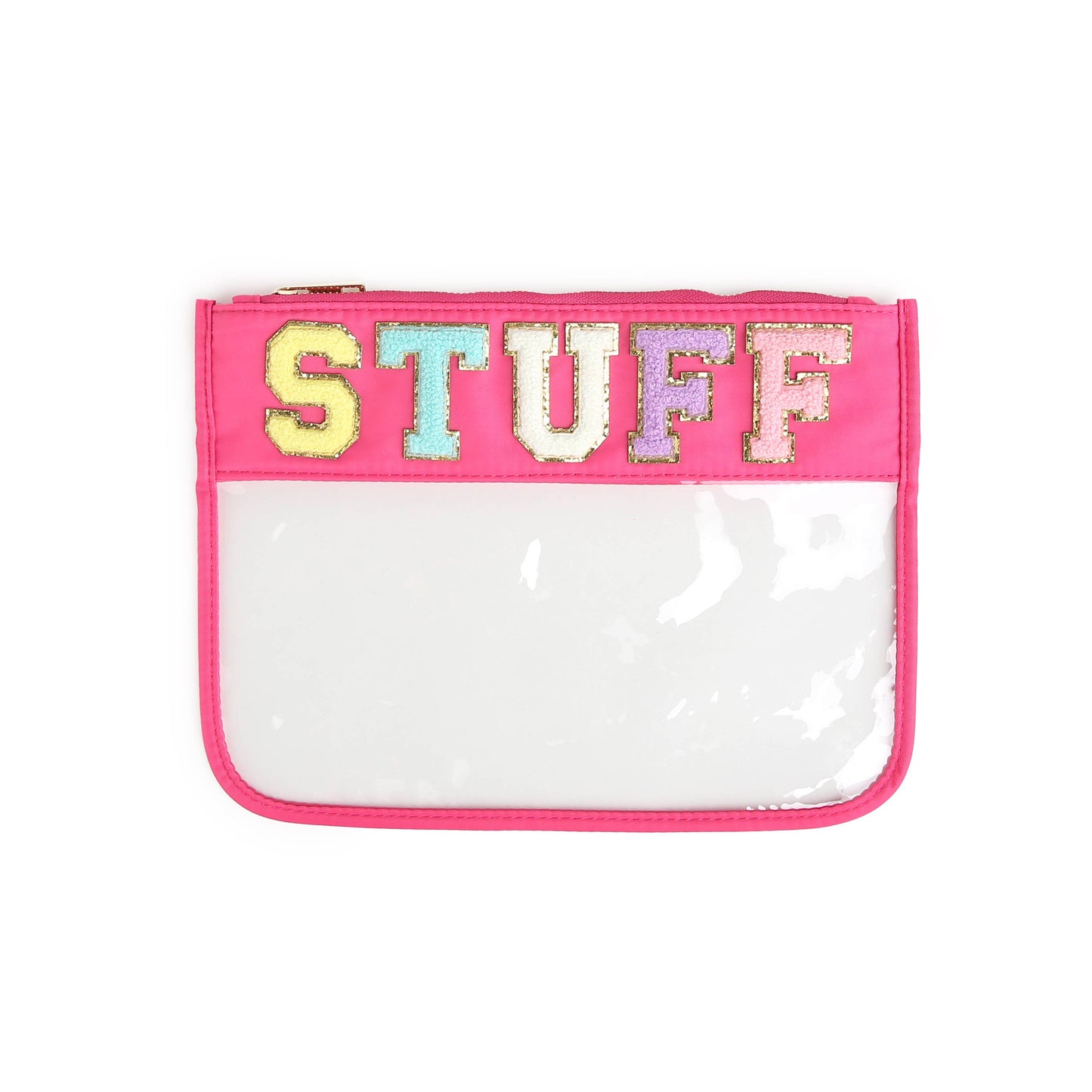 Varsity Letter Patch Clear Zippered Pouch Bag: White with TRAVEL