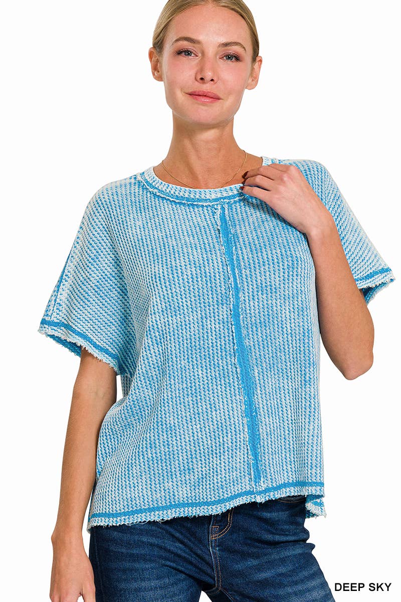 `.Washed Baby Waffle Top w/ back patch: DEEP SKY-162396 / S/M