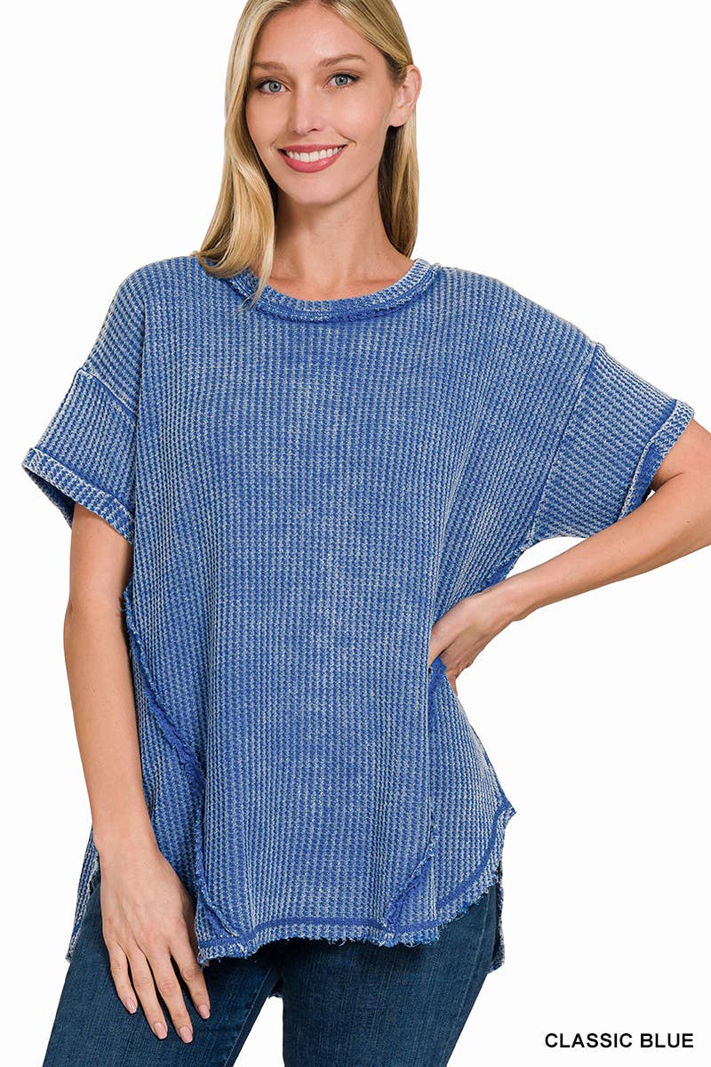 `.Washed Baby Waffle Top w/ back patch: DEEP SKY-162396 / L/XL