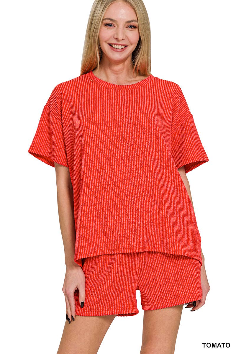 `.Corded Rib Short Sleeve Tee & Short Pants 2PC Set: DUSTY BLUE-183672 / L