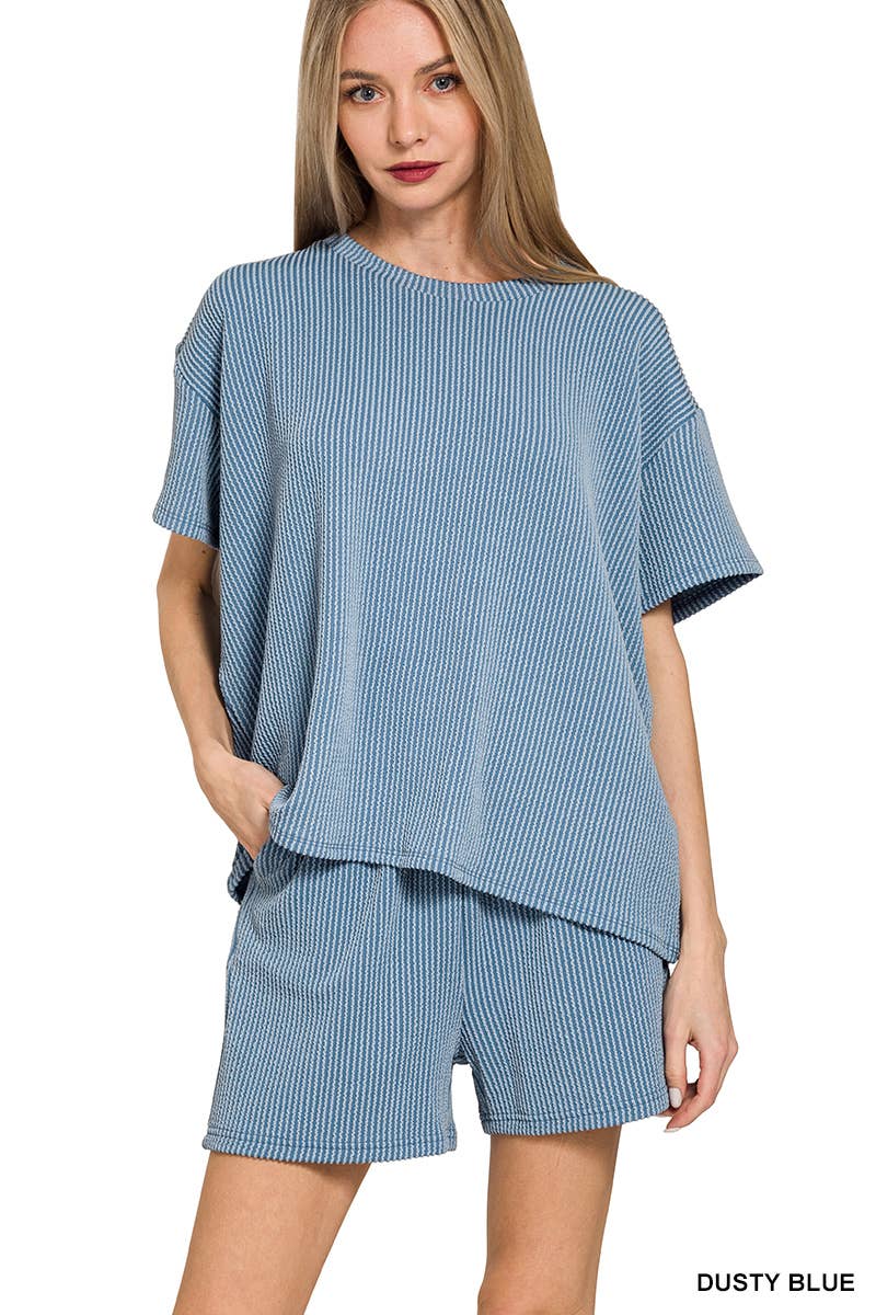 `.Corded Rib Short Sleeve Tee & Short Pants 2PC Set: DUSTY BLUE-183672 / L