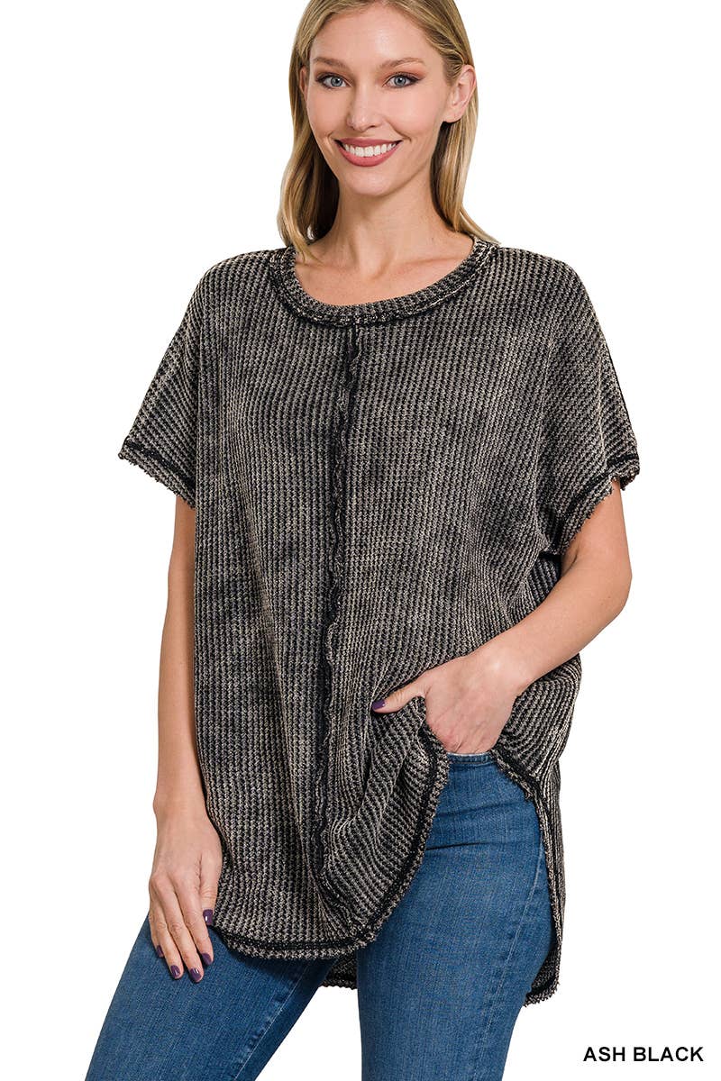 `.Washed Baby Waffle Top w/ back patch: DEEP SKY-162396 / L/XL
