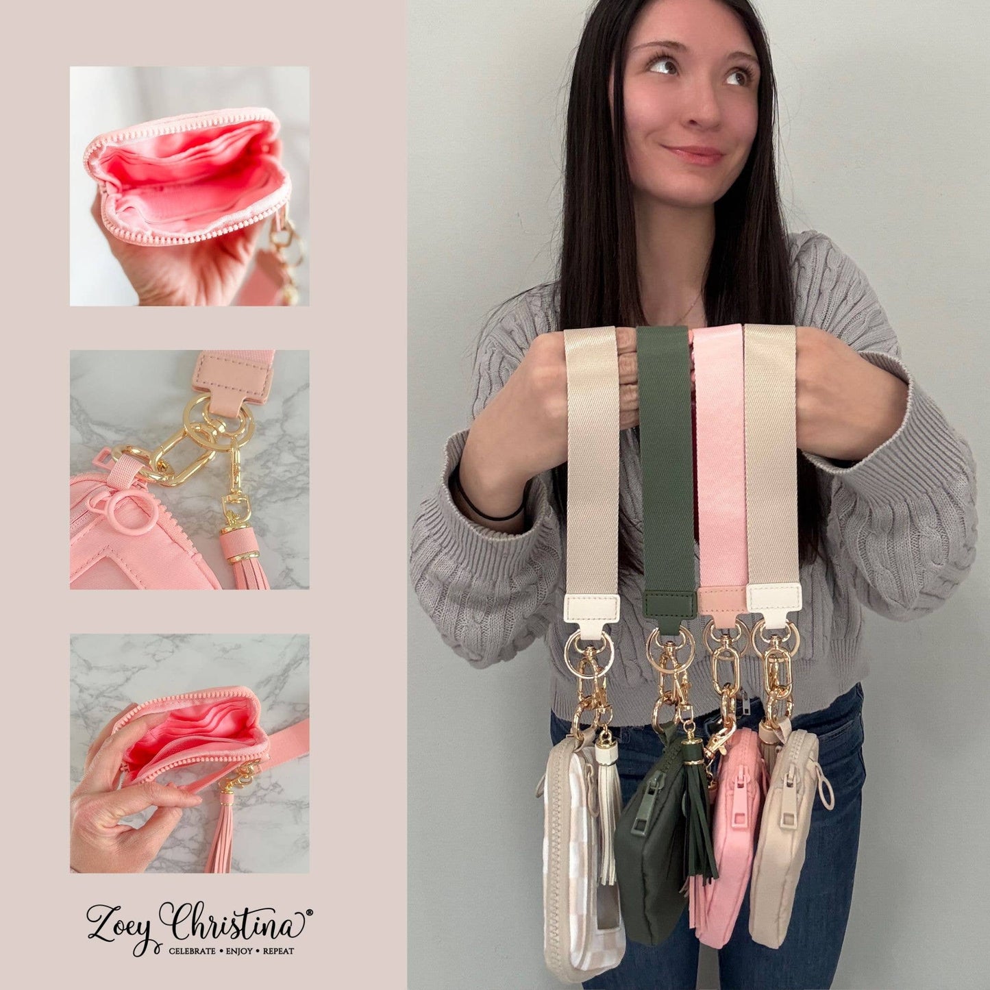Tassel Zipper Wristlet Wallet with Clear ID Slot – 4 Colors: Beige Check