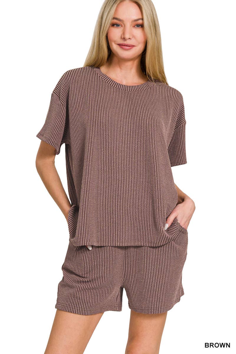`.Corded Rib Short Sleeve Tee & Short Pants 2PC Set: DUSTY BLUE-183672 / XL
