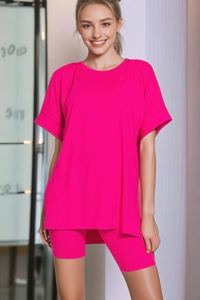`.Microfiber Top & Biker Shorts 2 Pc Set: CORAL-184059 / M
