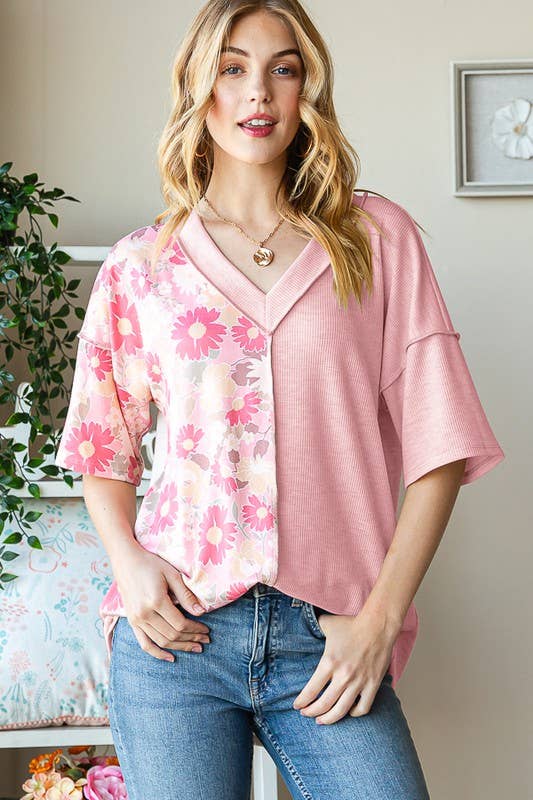 ET7547-12 SOLID AND FLORAL TOP: PEACH / 2-2-2 (S-M-L)