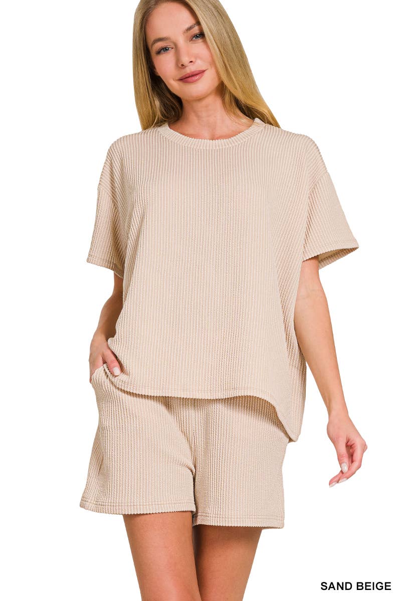 `.Corded Rib Short Sleeve Tee & Short Pants 2PC Set: DUSTY BLUE-183672 / XL