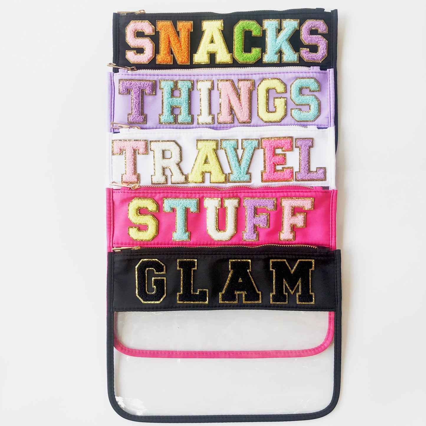 Varsity Letter Patch Clear Zippered Pouch Bag: Purple with THINGS