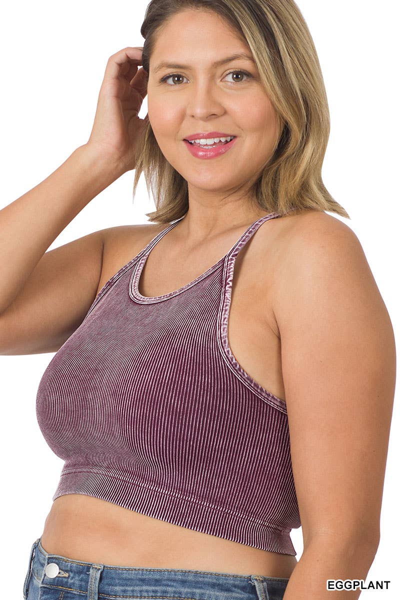 ",,..._ PLUS SIZE Vintage wash Seamless Crop Tank: NCORALFUCHSIA-132537 / 1X/2X
