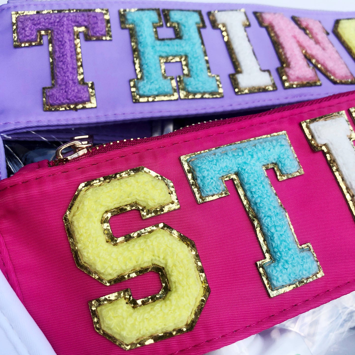 Varsity Letter Patch Clear Zippered Pouch Bag: Purple with THINGS