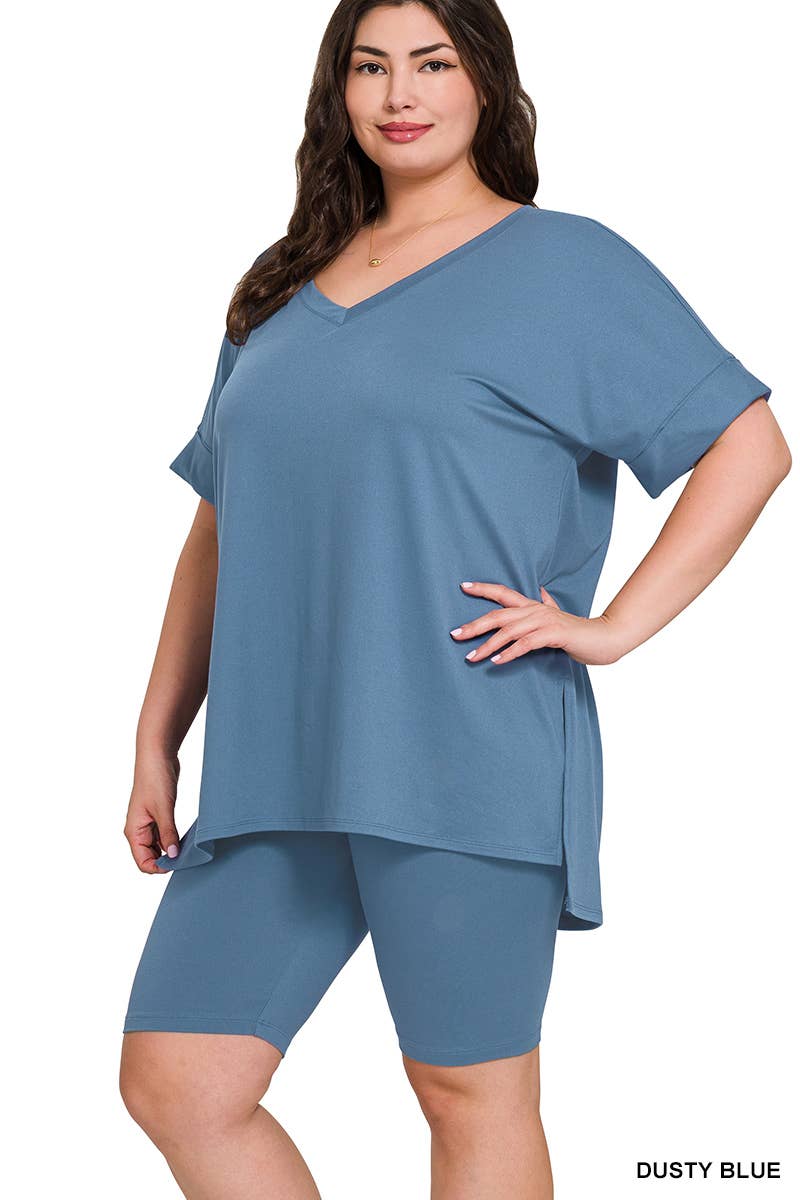 SI-19985 Plus size Hi Low Hem Top & Biker Shorts 2pc Set: +ASHGREY-139919 / 1X