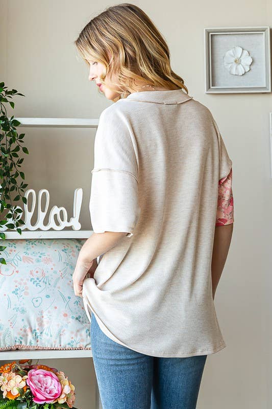 ET7547-12 SOLID AND FLORAL TOP: PEACH / 2-2-2 (S-M-L)