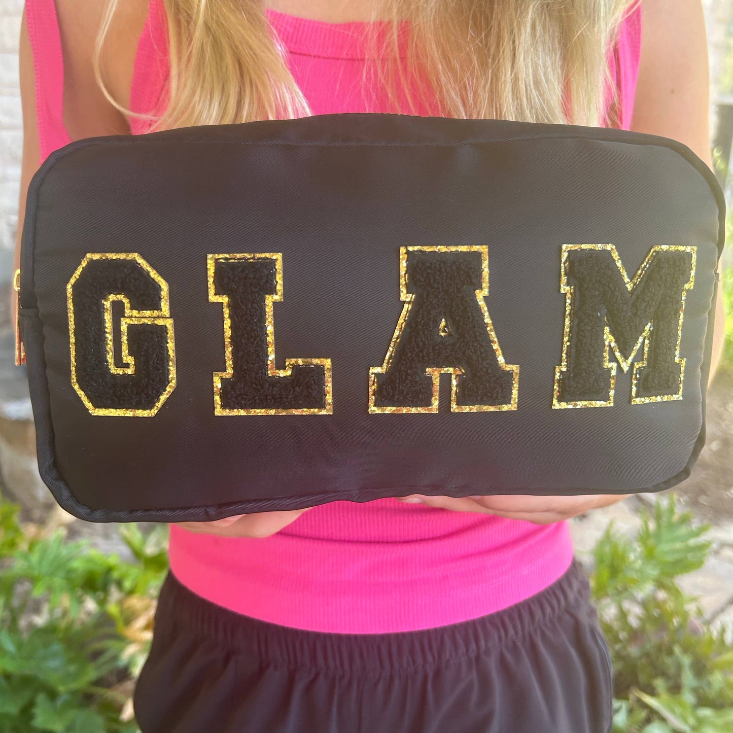 Cosmetic or Toiletry Bag with Varsity Letter Patches: Dark Pink with STUFF