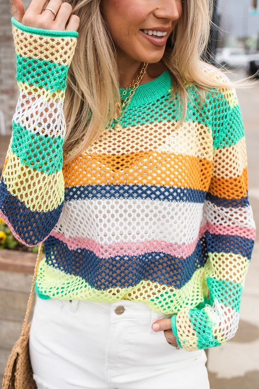Green Colorblock Striped Hollow Knitted Top