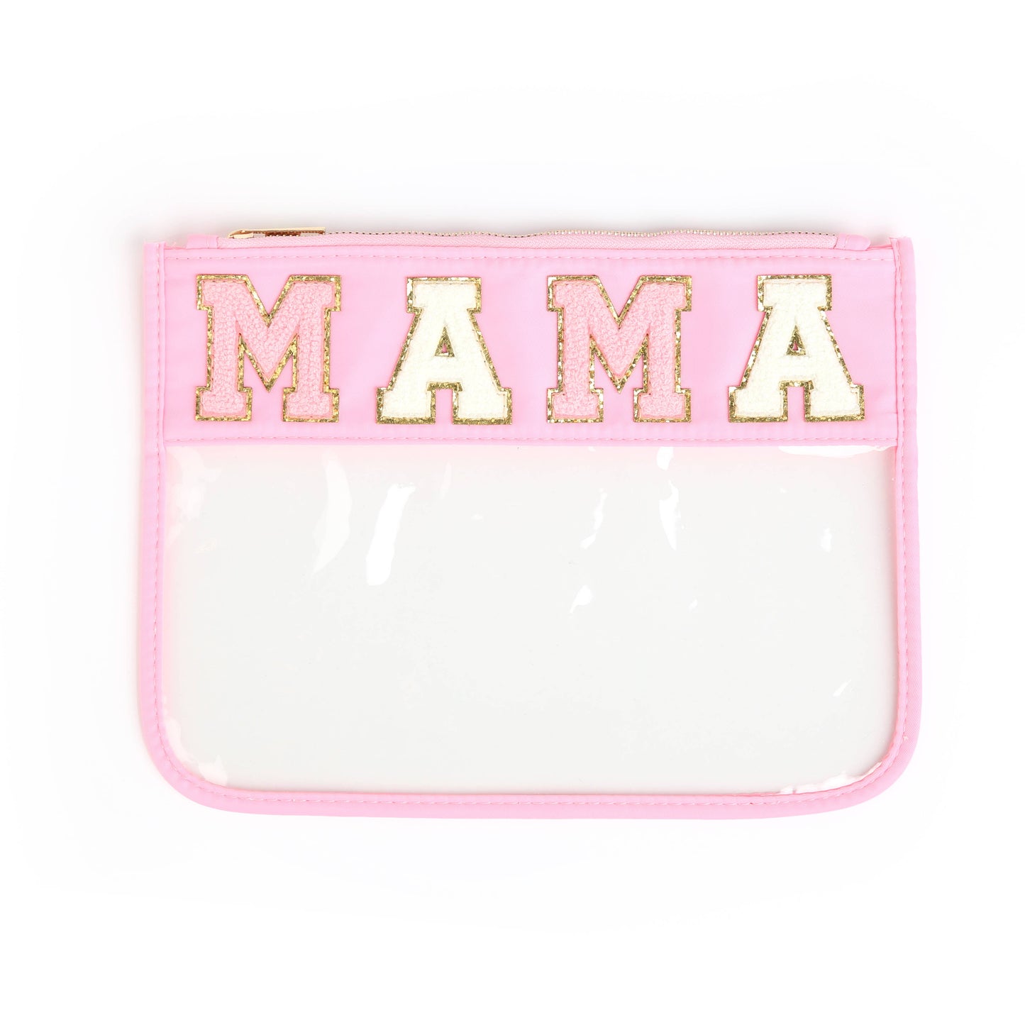 Varsity Letter Patch Clear Zippered Pouch Bag: White with TRAVEL