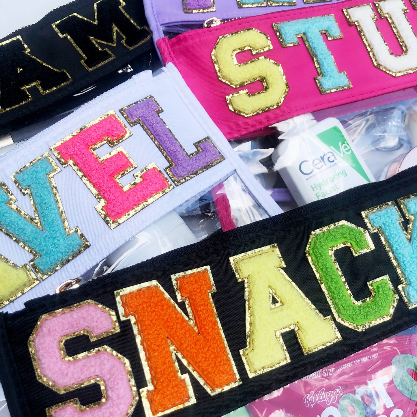 Varsity Letter Patch Clear Zippered Pouch Bag: Purple with THINGS