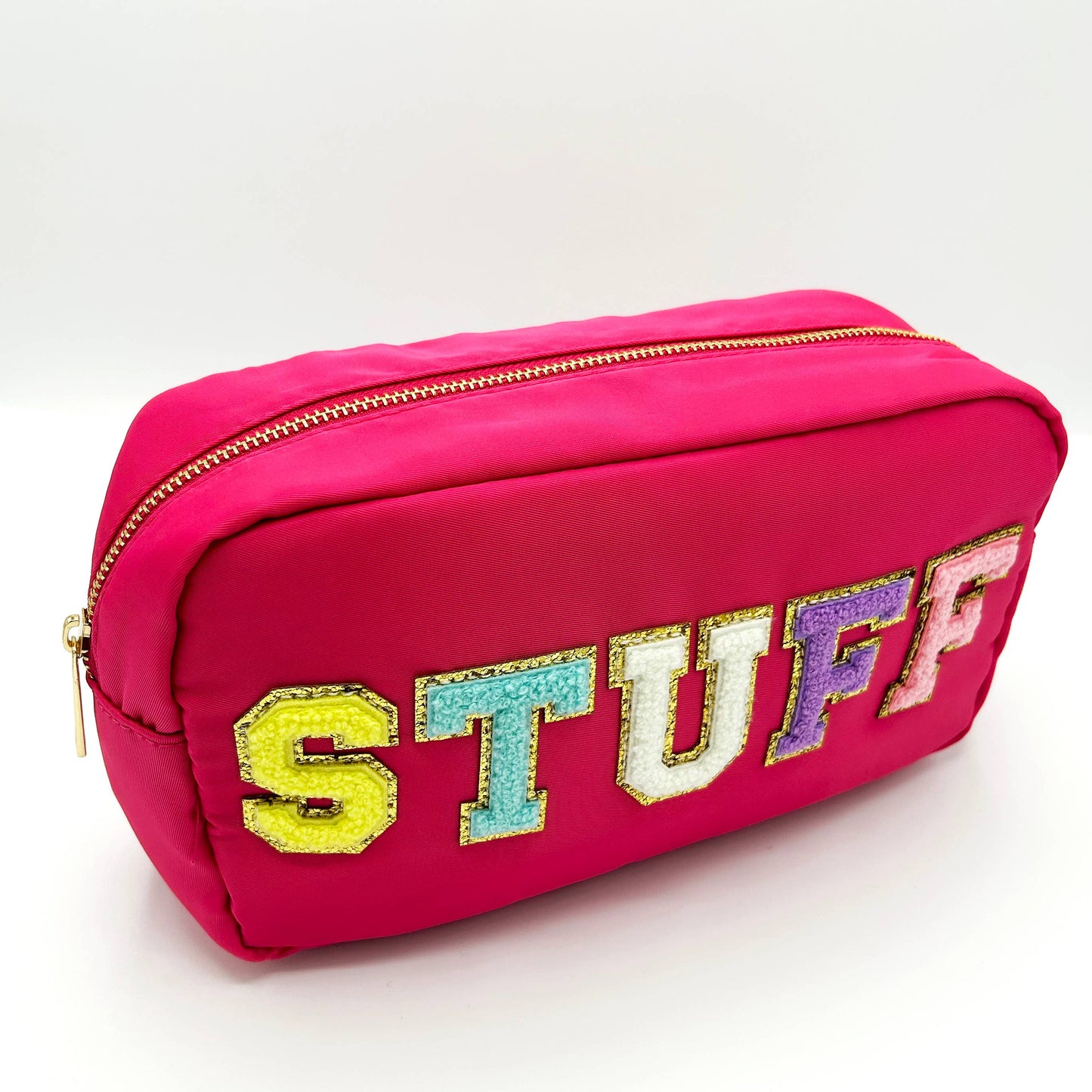 Cosmetic or Toiletry Bag with Varsity Letter Patches: Dark Pink with 3 smile patches