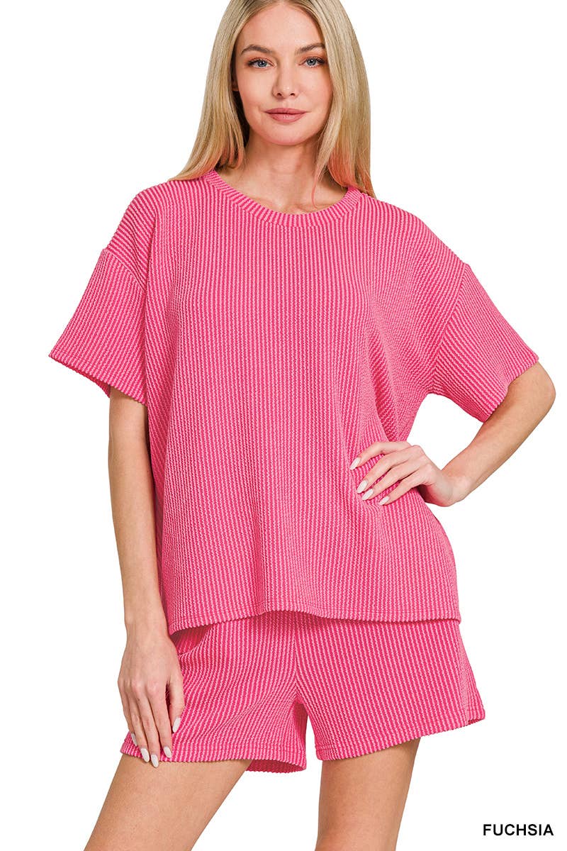 `.Corded Rib Short Sleeve Tee & Short Pants 2PC Set: DUSTY BLUE-183672 / S