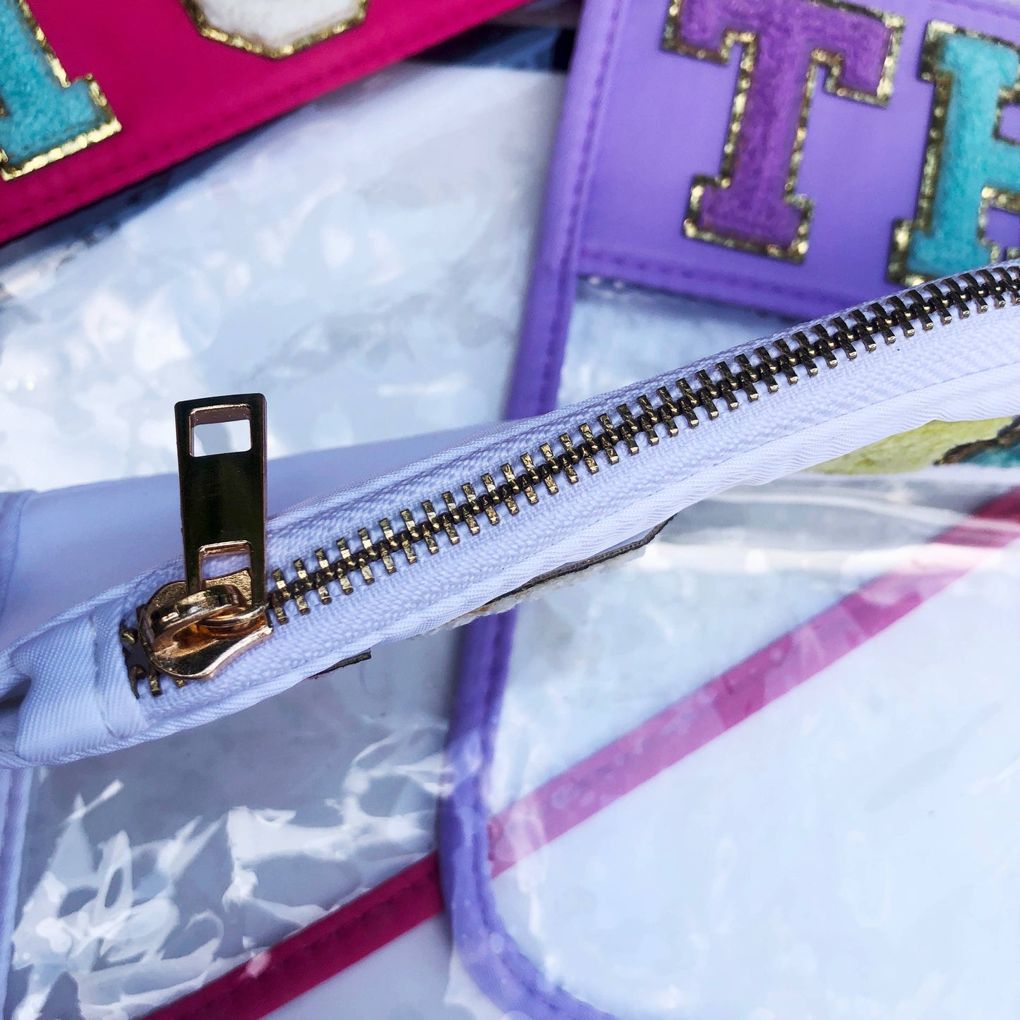 Varsity Letter Patch Clear Zippered Pouch Bag: Purple with THINGS