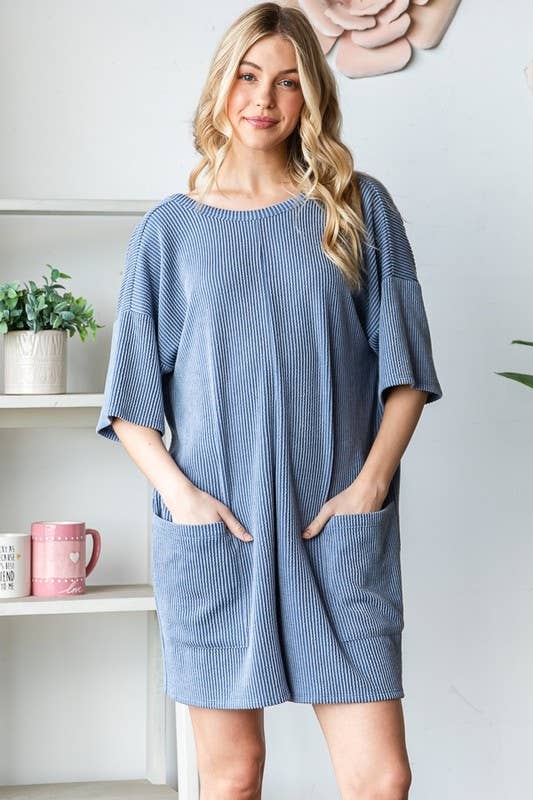EP6832-10 SHORT SLEEVE SOLID URBAN RIBBED ROMPER: DENIM VINTAGE / 2-2-2 (S-M-L)