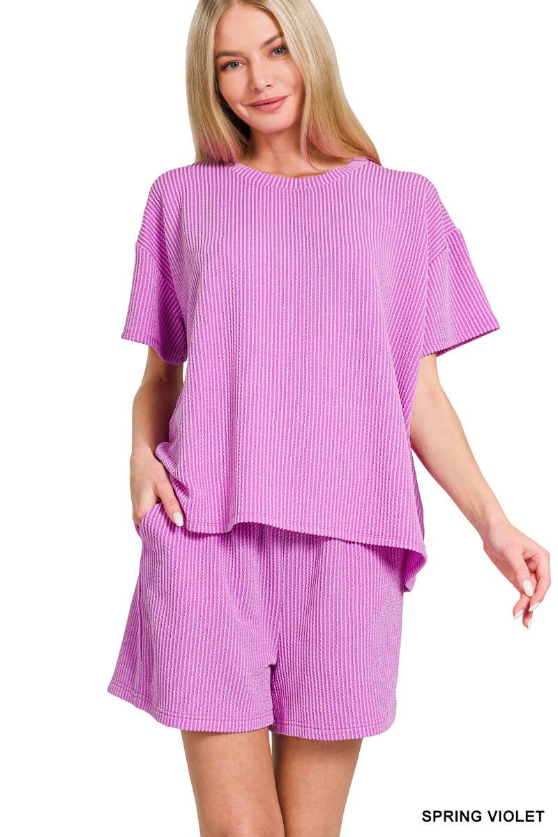 `.Corded Rib Short Sleeve Tee & Short Pants 2PC Set: DUSTY BLUE-183672 / L